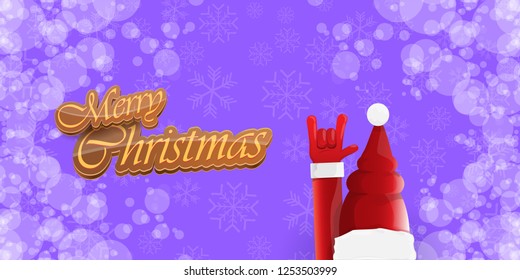 Vector Hipster Merry Christmas Rock n roll party horizontal banner or poster design . vector cartoon rock n roll Santa Claus character with calligraphic greeting text on violet snowy background