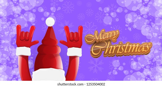 Vector Hipster Merry Christmas Rock n roll party horizontal banner or poster design . vector cartoon rock n roll Santa Claus character with calligraphic greeting text on violet snowy background