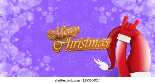 Vector Hipster Merry Christmas Rock n roll party horizontal banner or poster design . vector cartoon rock n roll Santa Claus character with calligraphic greeting text on violet snowy background