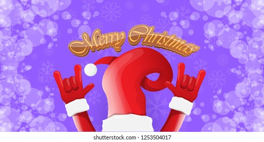 Vector Hipster Merry Christmas Rock n roll party horizontal banner or poster design . vector cartoon rock n roll Santa Claus character with calligraphic greeting text on violet snowy background