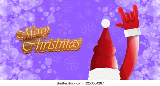 Vector Hipster Merry Christmas Rock n roll party horizontal banner or poster design . vector cartoon rock n roll Santa Claus character with calligraphic greeting text on violet snowy background