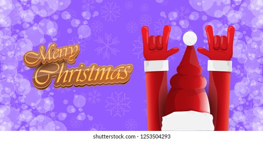 Vector Hipster Merry Christmas Rock n roll party horizontal banner or poster design . vector cartoon rock n roll Santa Claus character with calligraphic greeting text on violet snowy background