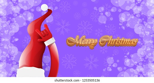 Vector Hipster Merry Christmas Rock n roll party horizontal banner or poster design . vector cartoon rock n roll Santa Claus character with calligraphic greeting text on violet snowy background
