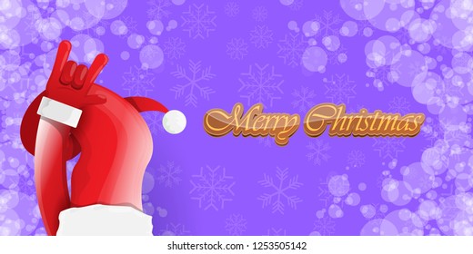 Vector Hipster Merry Christmas Rock n roll party horizontal banner or poster design . vector cartoon rock n roll Santa Claus character with calligraphic greeting text on violet snowy background