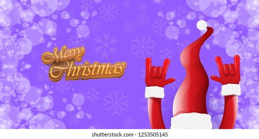 Vector Hipster Merry Christmas Rock n roll party horizontal banner or poster design . vector cartoon rock n roll Santa Claus character with calligraphic greeting text on violet snowy background