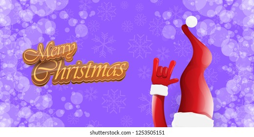 Vector Hipster Merry Christmas Rock n roll party horizontal banner or poster design . vector cartoon rock n roll Santa Claus character with calligraphic greeting text on violet snowy background