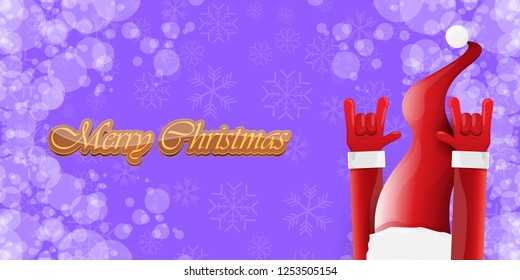 Vector Hipster Merry Christmas Rock n roll party horizontal banner or poster design . vector cartoon rock n roll Santa Claus character with calligraphic greeting text on violet snowy background