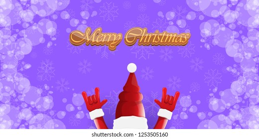 Vector Hipster Merry Christmas Rock n roll party horizontal banner or poster design . vector cartoon rock n roll Santa Claus character with calligraphic greeting text on violet snowy background