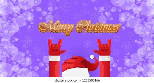 Vector Hipster Merry Christmas Rock n roll party horizontal banner or poster design . vector cartoon rock n roll Santa Claus character with calligraphic greeting text on violet snowy background