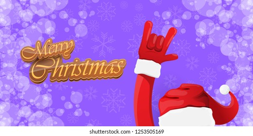 Vector Hipster Merry Christmas Rock n roll party horizontal banner or poster design . vector cartoon rock n roll Santa Claus character with calligraphic greeting text on violet snowy background