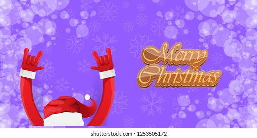 Vector Hipster Merry Christmas Rock n roll party horizontal banner or poster design . vector cartoon rock n roll Santa Claus character with calligraphic greeting text on violet snowy background