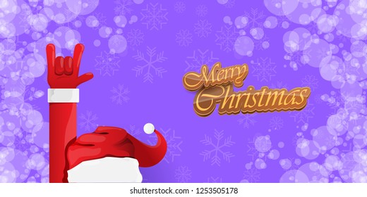 Vector Hipster Merry Christmas Rock n roll party horizontal banner or poster design . vector cartoon rock n roll Santa Claus character with calligraphic greeting text on violet snowy background