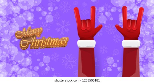 Vector Hipster Merry Christmas Rock n roll party horizontal banner or poster design . vector cartoon rock n roll Santa Claus character with calligraphic greeting text on violet snowy background