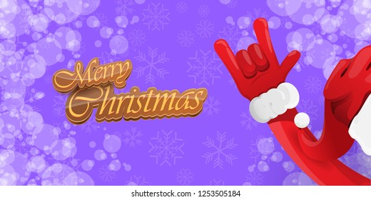 Vector Hipster Merry Christmas Rock n roll party horizontal banner or poster design . vector cartoon rock n roll Santa Claus character with calligraphic greeting text on violet snowy background