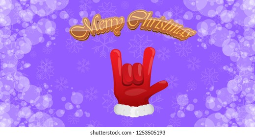 Vector Hipster Merry Christmas Rock n roll party horizontal banner or poster design . vector cartoon rock n roll Santa Claus character with calligraphic greeting text on violet snowy background