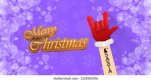 Vector Hipster Merry Christmas Rock n roll party horizontal banner or poster design . vector cartoon rock n roll Santa Claus character with calligraphic greeting text on violet snowy background