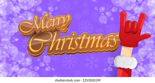 Vector Hipster Merry Christmas Rock n roll party horizontal banner or poster design . vector cartoon rock n roll Santa Claus character with calligraphic greeting text on violet snowy background