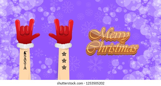 Vector Hipster Merry Christmas Rock n roll party horizontal banner or poster design . vector cartoon rock n roll Santa Claus character with calligraphic greeting text on violet snowy background