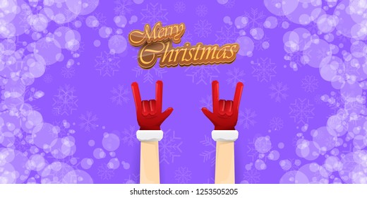 Vector Hipster Merry Christmas Rock n roll party horizontal banner or poster design . vector cartoon rock n roll Santa Claus character with calligraphic greeting text on violet snowy background