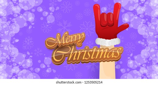 Vector Hipster Merry Christmas Rock n roll party horizontal banner or poster design . vector cartoon rock n roll Santa Claus character with calligraphic greeting text on violet snowy background