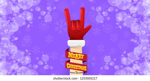 Vector Hipster Merry Christmas Rock n roll party horizontal banner or poster design . vector cartoon rock n roll Santa Claus character with calligraphic greeting text on violet snowy background