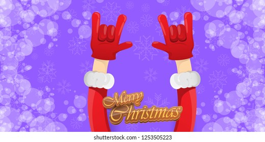 Vector Hipster Merry Christmas Rock n roll party horizontal banner or poster design . vector cartoon rock n roll Santa Claus character with calligraphic greeting text on violet snowy background