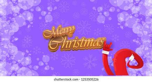 Vector Hipster Merry Christmas Rock n roll party horizontal banner or poster design . vector cartoon rock n roll Santa Claus character with calligraphic greeting text on violet snowy background