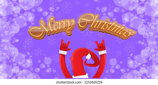 Vector Hipster Merry Christmas Rock n roll party horizontal banner or poster design . vector cartoon rock n roll Santa Claus character with calligraphic greeting text on violet snowy background