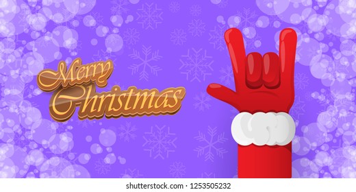 Vector Hipster Merry Christmas Rock n roll party horizontal banner or poster design . vector cartoon rock n roll Santa Claus character with calligraphic greeting text on violet snowy background