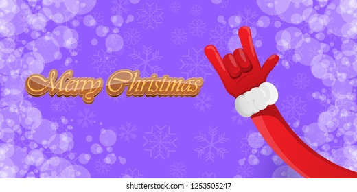 Vector Hipster Merry Christmas Rock n roll party horizontal banner or poster design . vector cartoon rock n roll Santa Claus character with calligraphic greeting text on violet snowy background