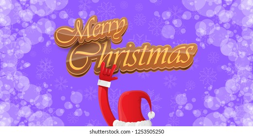 Vector Hipster Merry Christmas Rock n roll party horizontal banner or poster design . vector cartoon rock n roll Santa Claus character with calligraphic greeting text on violet snowy background