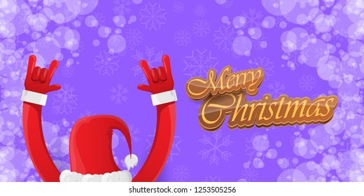Vector Hipster Merry Christmas Rock n roll party horizontal banner or poster design . vector cartoon rock n roll Santa Claus character with calligraphic greeting text on violet snowy background