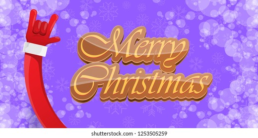 Vector Hipster Merry Christmas Rock n roll party horizontal banner or poster design . vector cartoon rock n roll Santa Claus character with calligraphic greeting text on violet snowy background