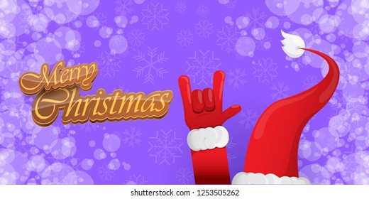Vector Hipster Merry Christmas Rock n roll party horizontal banner or poster design . vector cartoon rock n roll Santa Claus character with calligraphic greeting text on violet snowy background