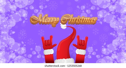 Vector Hipster Merry Christmas Rock n roll party horizontal banner or poster design . vector cartoon rock n roll Santa Claus character with calligraphic greeting text on violet snowy background