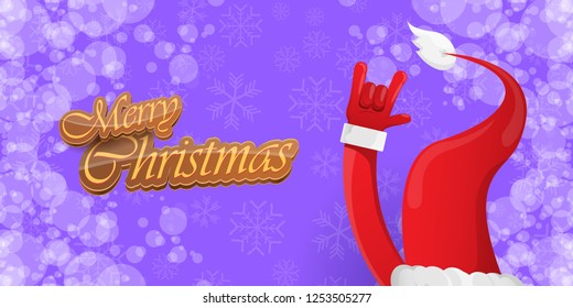 Vector Hipster Merry Christmas Rock n roll party horizontal banner or poster design . vector cartoon rock n roll Santa Claus character with calligraphic greeting text on violet snowy background