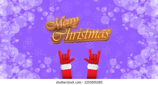 Vector Hipster Merry Christmas Rock n roll party horizontal banner or poster design . vector cartoon rock n roll Santa Claus character with calligraphic greeting text on violet snowy background