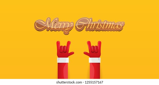 Vector Hipster Merry Christmas Rock n roll party horizontal banner or poster design . vector cartoon rock n roll Santa Claus character with calligraphic greeting text on orange background