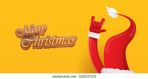 Vector Hipster Merry Christmas Rock n roll party horizontal banner or poster design . vector cartoon rock n roll Santa Claus character with calligraphic greeting text on orange background
