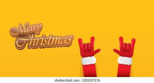 Vector Hipster Merry Christmas Rock n roll party horizontal banner or poster design . vector cartoon rock n roll Santa Claus character with calligraphic greeting text on orange background