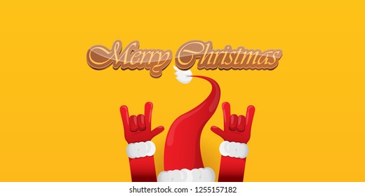 Vector Hipster Merry Christmas Rock n roll party horizontal banner or poster design . vector cartoon rock n roll Santa Claus character with calligraphic greeting text on orange background
