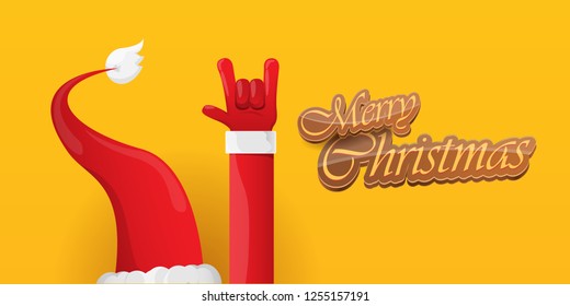 Vector Hipster Merry Christmas Rock n roll party horizontal banner or poster design . vector cartoon rock n roll Santa Claus character with calligraphic greeting text on orange background