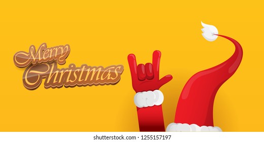 Vector Hipster Merry Christmas Rock n roll party horizontal banner or poster design . vector cartoon rock n roll Santa Claus character with calligraphic greeting text on orange background