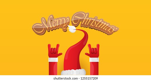 Vector Hipster Merry Christmas Rock n roll party horizontal banner or poster design . vector cartoon rock n roll Santa Claus character with calligraphic greeting text on orange background