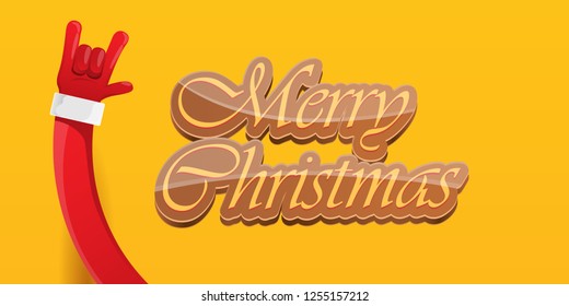 Vector Hipster Merry Christmas Rock n roll party horizontal banner or poster design . vector cartoon rock n roll Santa Claus character with calligraphic greeting text on orange background