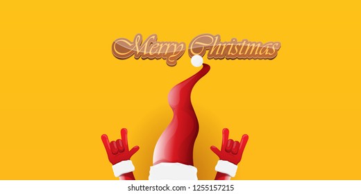 Vector Hipster Merry Christmas Rock n roll party horizontal banner or poster design . vector cartoon rock n roll Santa Claus character with calligraphic greeting text on orange background