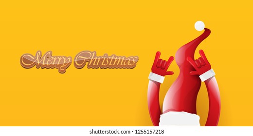 Vector Hipster Merry Christmas Rock n roll party horizontal banner or poster design . vector cartoon rock n roll Santa Claus character with calligraphic greeting text on orange background