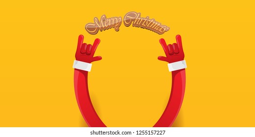 Vector Hipster Merry Christmas Rock n roll party horizontal banner or poster design . vector cartoon rock n roll Santa Claus character with calligraphic greeting text on orange background