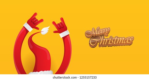 Vector Hipster Merry Christmas Rock n roll party horizontal banner or poster design . vector cartoon rock n roll Santa Claus character with calligraphic greeting text on orange background