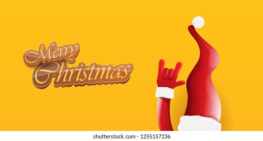Vector Hipster Merry Christmas Rock n roll party horizontal banner or poster design . vector cartoon rock n roll Santa Claus character with calligraphic greeting text on orange background